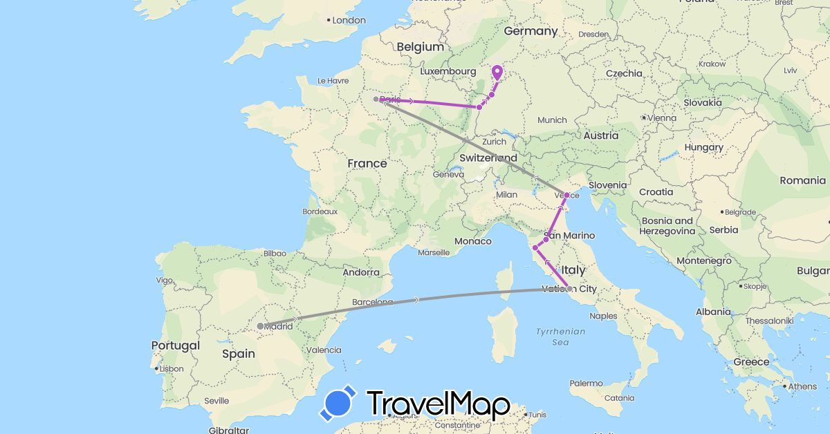 TravelMap itinerary: driving, plane, train in Germany, Spain, France, Italy (Europe)